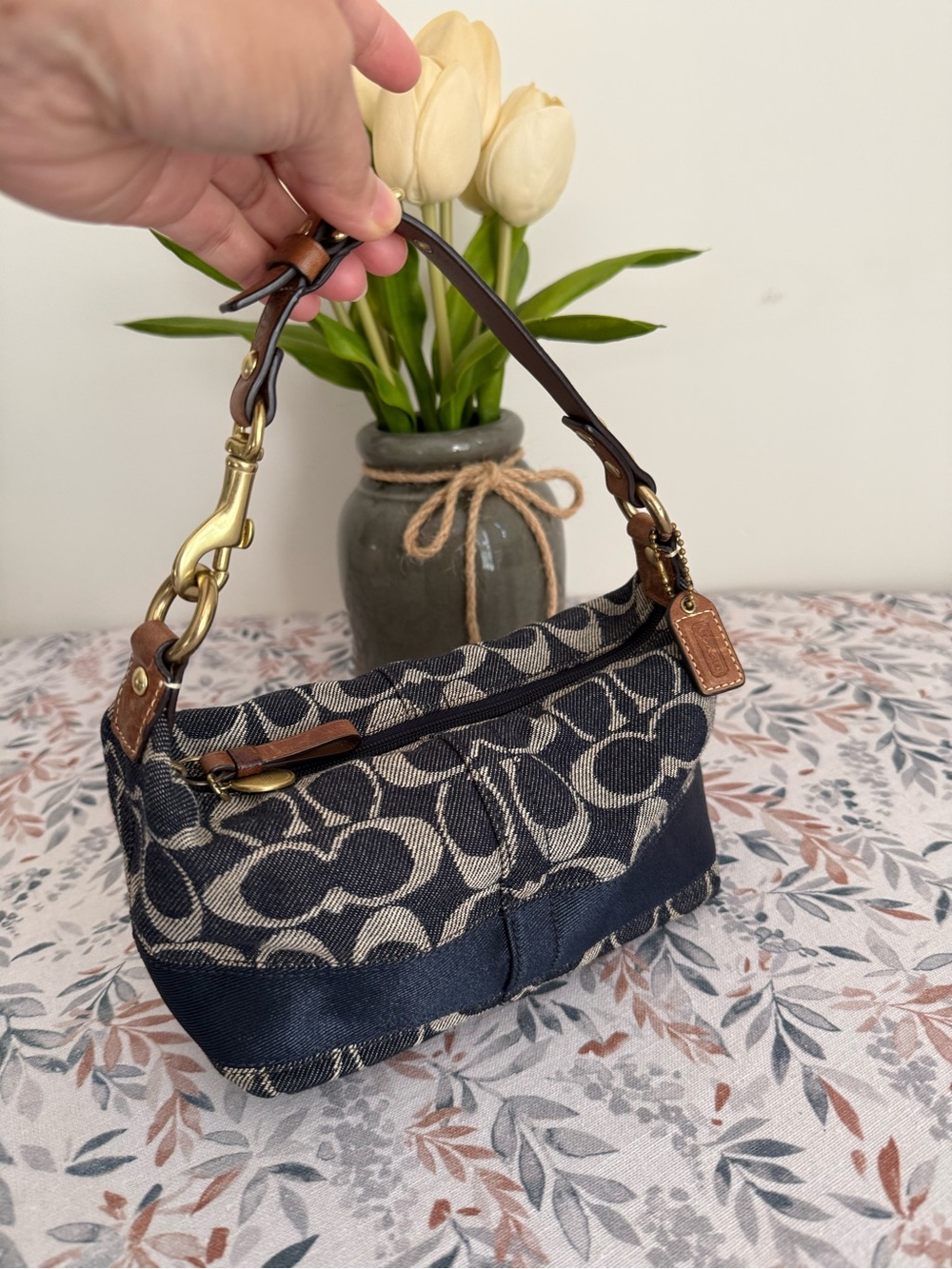 Coach Navy and Khaki Signature Canvas Shoulder Bag with Leather Trim